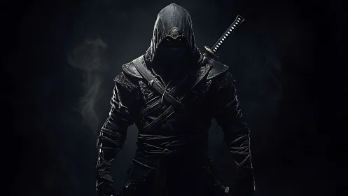 Mysterious hooded warrior standing in shadowed silence.