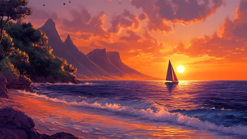 Sunset-drenched sailboat drifts along violet whispering waves