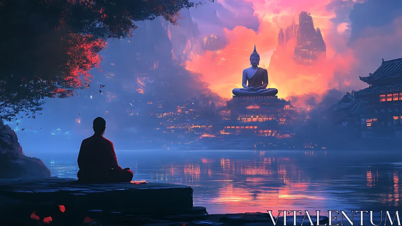 Monk meditates beside lake facing glowing Buddha temple.