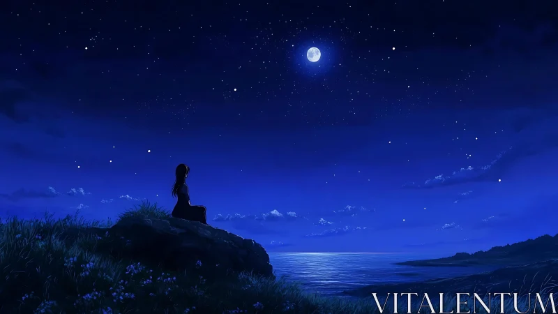 Solitary girl watching moonlit ocean under deep blue sky.