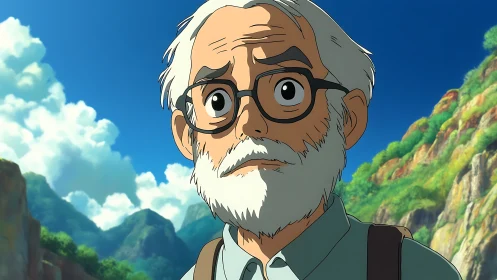 Gentle traveler with wise eyes under a bright summer sky.