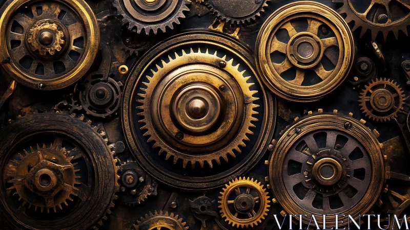Steampunk brass clockwork gears interlock in intricate motion.