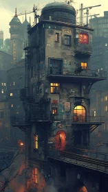 Rusting elevated tenement tower in dense smoggy megacity