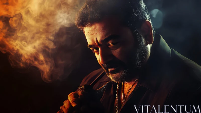 Brooding bearded man in smoky orange and shadowed light