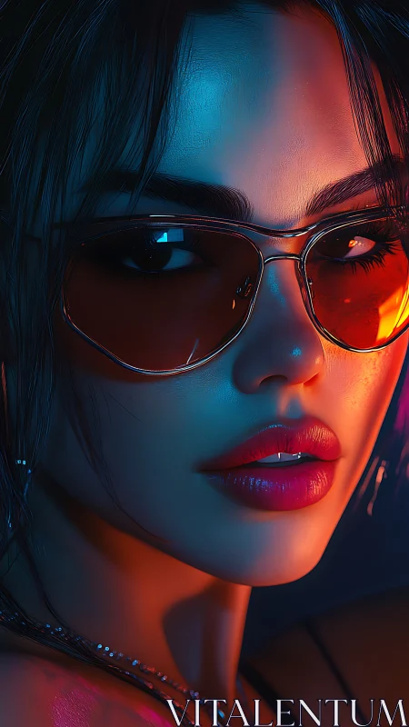 Neon siren in ember shades, gazing through electric hush.