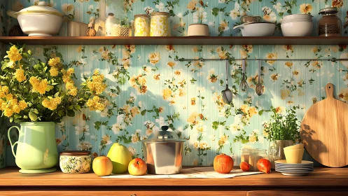 Floral-patterned vintage kitchen still life with warm light.