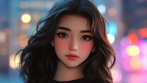 Soft-lit digital portrait captures a calm gaze in neon dusk