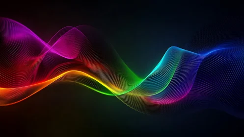 Vibrant neon light waves flow across a deep digital void