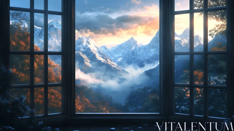 Panoramic window framing snowcapped mountains in warm volumetric light
