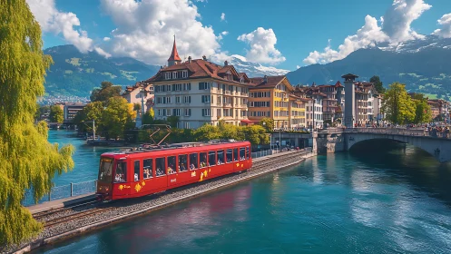 Red riverside tram crosses turquoise canal in alpine town.