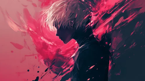 Side profile of white haired figure amid red digital energy