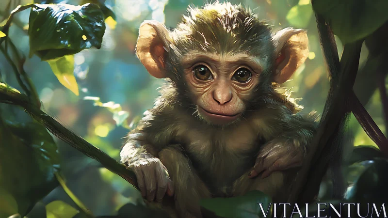 Backlit baby monkey rendered with high-detail fur and bokeh lighting