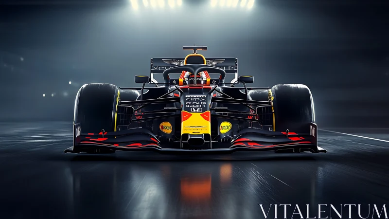 Sleek Formula race car glows under track lights in motion focus