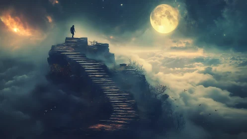 Stairway above clouds toward luminous full moon dreamscape.