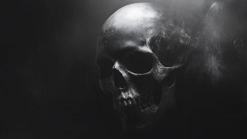 Polished metallic skull emerging from dense chiaroscuro mist.