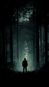 Mysterious lone figure pauses in a misty moonlit forest
