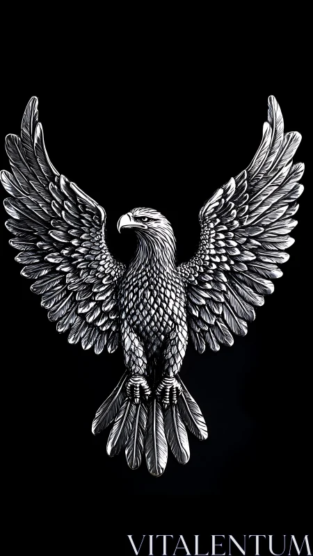 Silver etched eagle emblem with outstretched detailed wings.