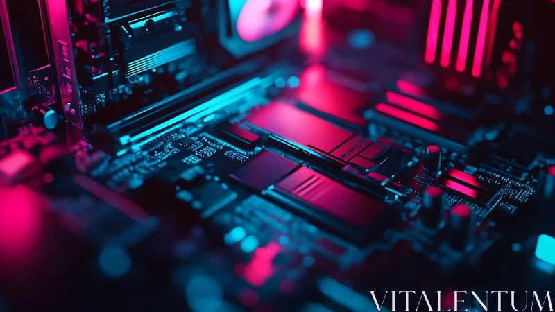 Neon-lit PC motherboard with futuristic circuit layout.