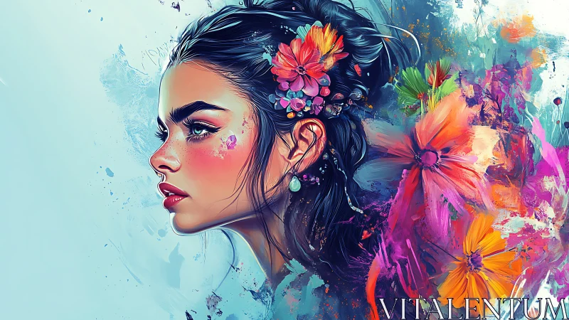 Digital portrait of floral adorned woman in vibrant profile