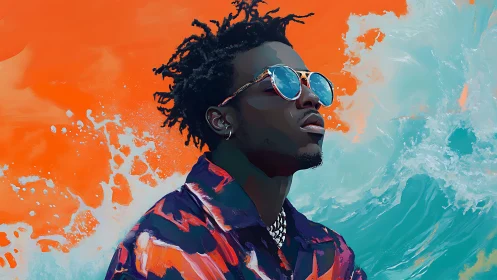 Stylized portrait of man in sunglasses against bold sea backdrop.