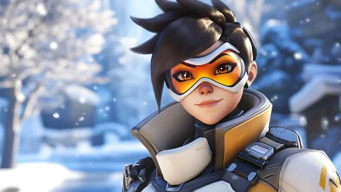 Stylized winter portrait of a goggled character outdoors.