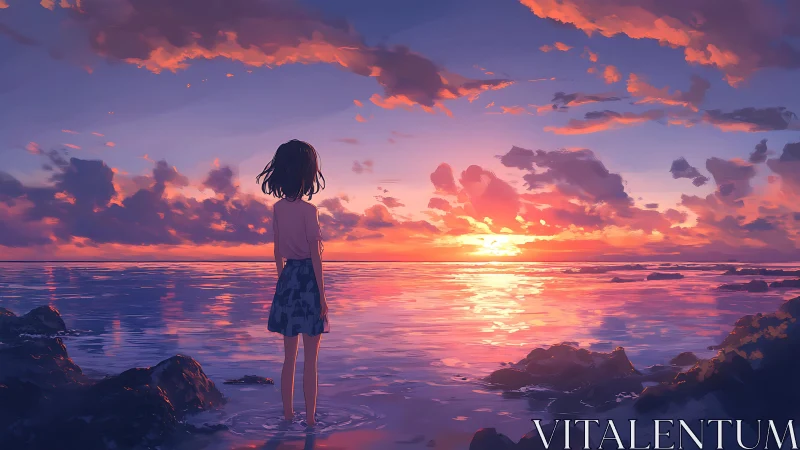 Solitary shoredream girl watching a painted fire sunset.