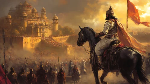 Mounted king surveys fortress before battle at sunset.