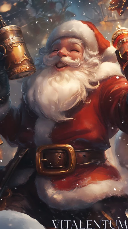 Merry reveler in red coat toasting winter’s sparkling night.