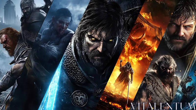 Angled fantasy warrior montage uses cold&ndash;warm tonal contrast.