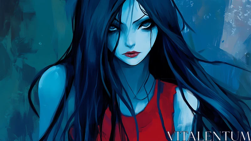 Midnight siren in scarlet dress, carved from cold starlight.