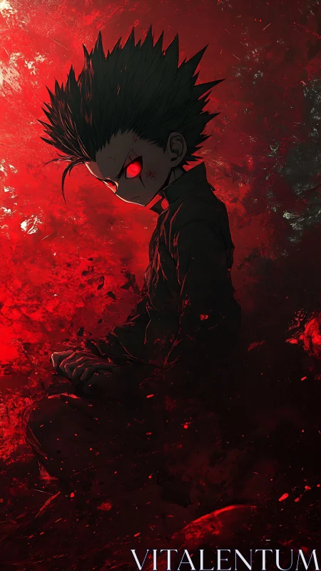 Dark anime boy radiates ominous red aura in chaos.