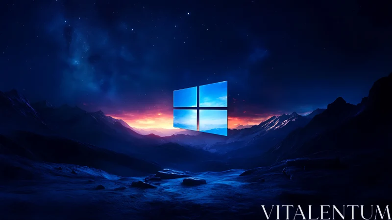 Glowing window emblem over nocturnal alpine landscape horizon