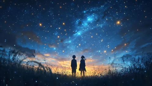Stargazing silhouettes under luminous twilight cosmos.