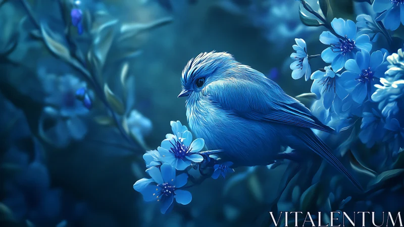 Photorealistic Digital Bird Rendered in Cyanotype Aesthetic Among Dimensional Floral Forms