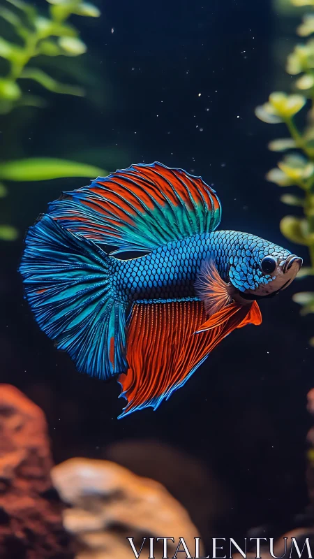 Vibrant blue and orange betta fish glides through calm water.