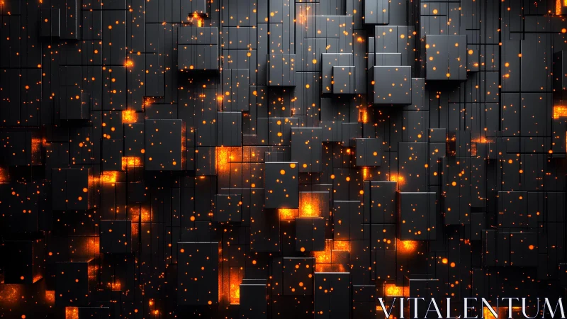 Dark geometric cubes with glowing orange sparks, digital abstract art.