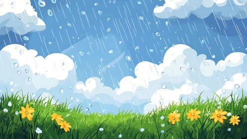 Rainfall over grassy field with yellow flowers under clouds.
