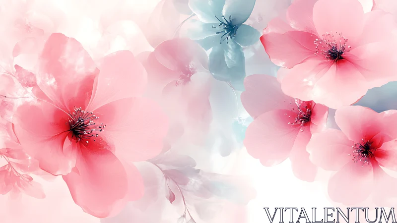 Ethereal Pink and Blue Flowers Dance in Soft Watercolor Light