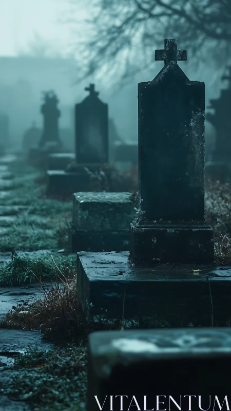 Quiet gravestones stand in mist, holding gentle, solemn stories