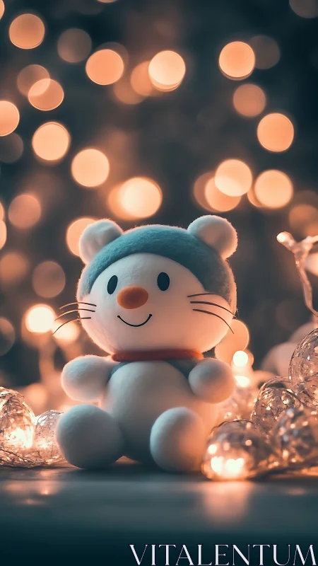 Plush cat toy glows amid warm bokeh holiday lights.