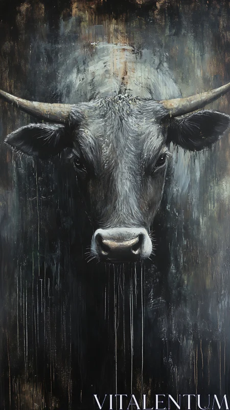 Textural frontal bull portrait with dripping impasto field.