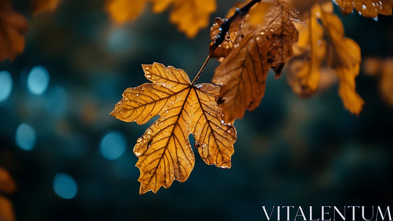 Rainlit maple leaf drifting in jewel-toned autumn bokeh.