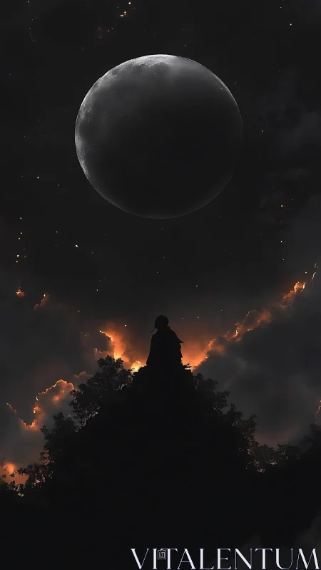 Lone cloaked figure on forested peak beneath eclipsed moon