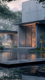 Modern Concrete Pavilion with Reflecting Pool at Dusk.