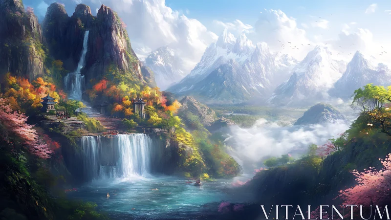 Mystic waterfall valley beneath distant icy peaks panorama.