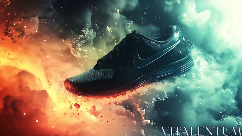 Black athletic sneaker in vivid abstract smoke burst scene.