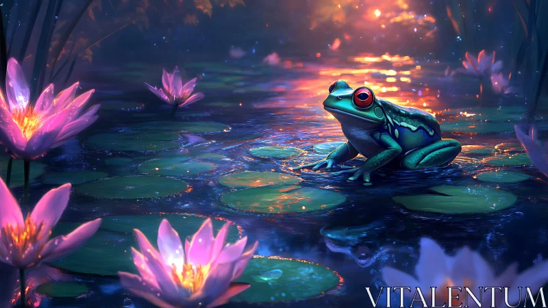Vibrant tree frog rests on glowing lily pads at dusk