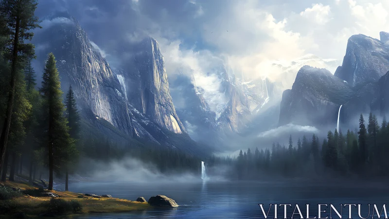 Epic alpine valley rendered in luminous digital realism