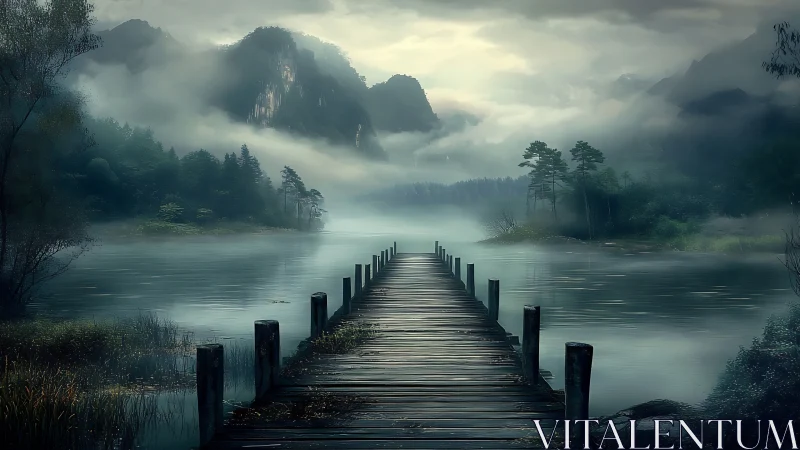 Wooden pier extending into misty forest lake landscape.