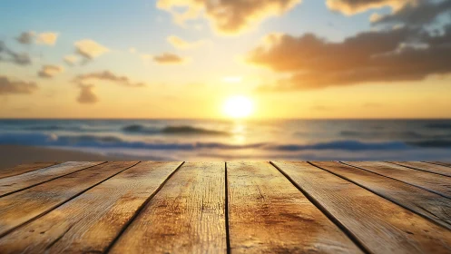 Weathered wooden deck overlooking defocused ocean sunset horizon